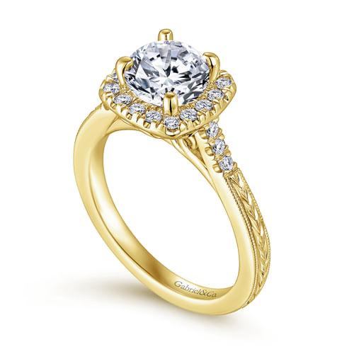 Vintage Inspired 14K Yellow Gold Round Halo Diamond Engagement Ring