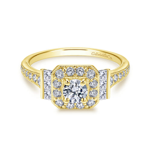 Vintage Inspired 14K Yellow Gold Round Halo Diamond Engagement Ring