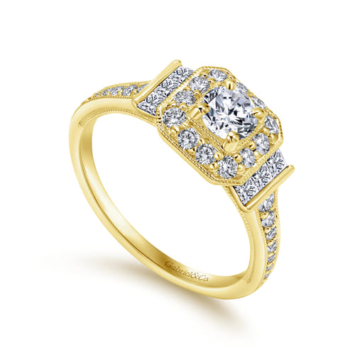 Vintage Inspired 14K Yellow Gold Round Halo Diamond Engagement Ring