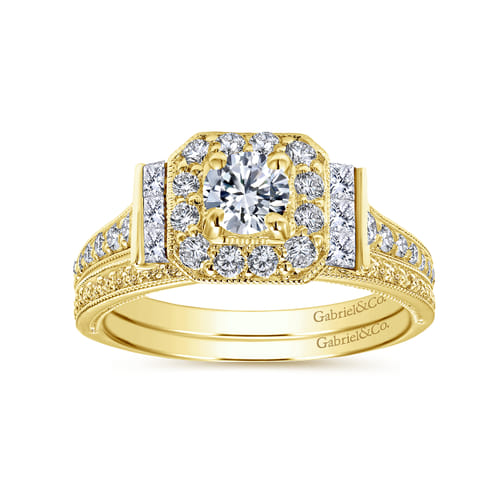 Vintage Inspired 14K Yellow Gold Round Halo Diamond Engagement Ring