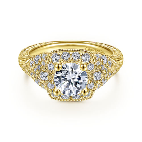 Vintage Inspired 14K Yellow Gold Round Halo Diamond Engagement Ring