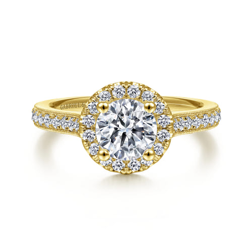 Vintage Inspired 14K Yellow Gold Round Halo Diamond Engagement Ring