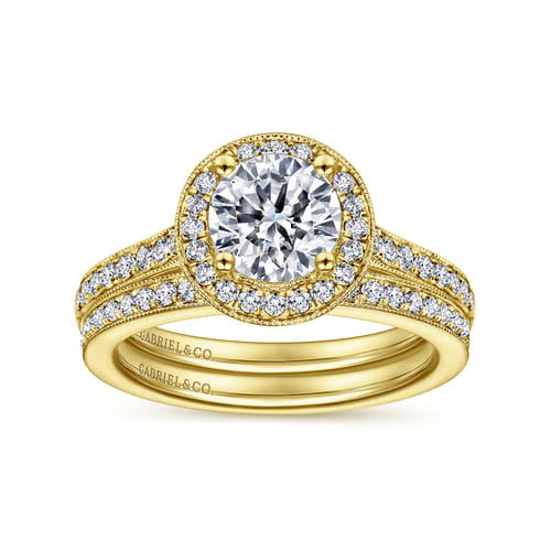 Vintage Inspired 14K Yellow Gold Round Halo Diamond Engagement Ring Vintage Inspired 14K Yellow Gold Round Halo Diamond Engagement Ring