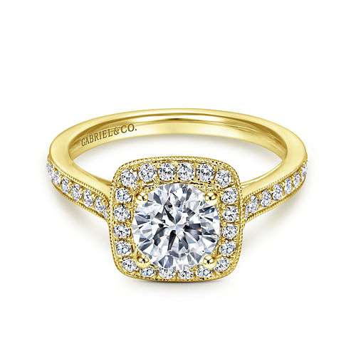 Vintage Inspired 14K Yellow Gold Round Halo Diamond Engagement Ring