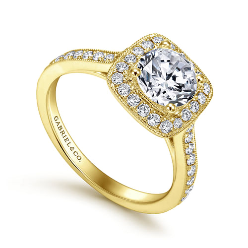 Vintage Inspired 14K Yellow Gold Round Halo Diamond Engagement Ring