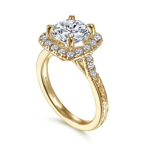 Vintage Inspired 14K Yellow Gold Round Halo Diamond Engagement Ring