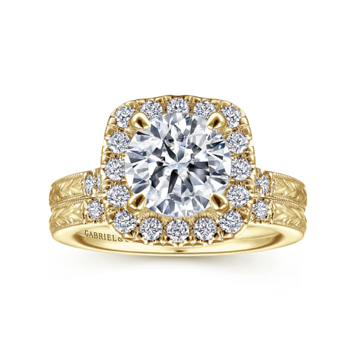 Vintage Inspired 14K Yellow Gold Round Halo Diamond Engagement Ring
