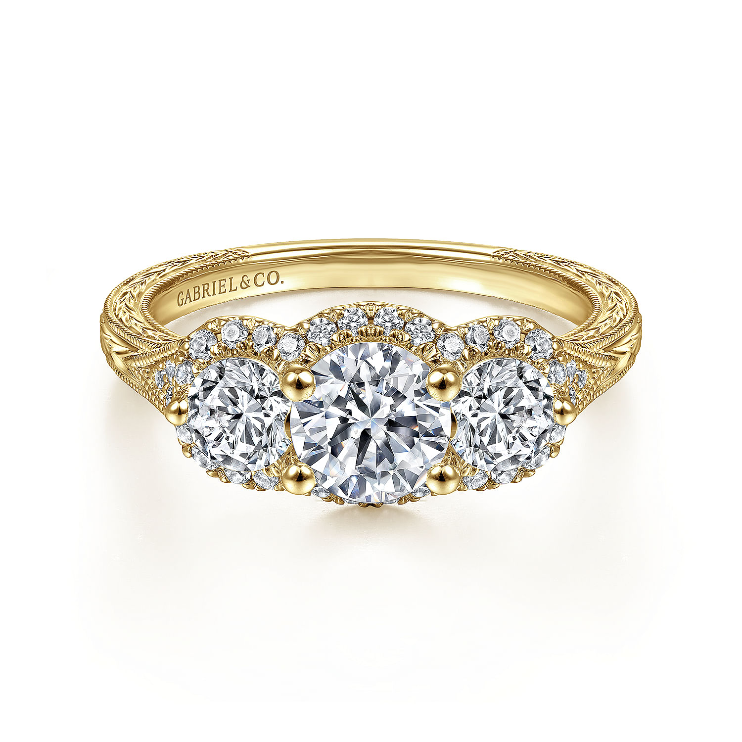 Gabriel - Vintage Inspired 14K Yellow Gold Round Three Stone Halo Diamond Engagement Ring