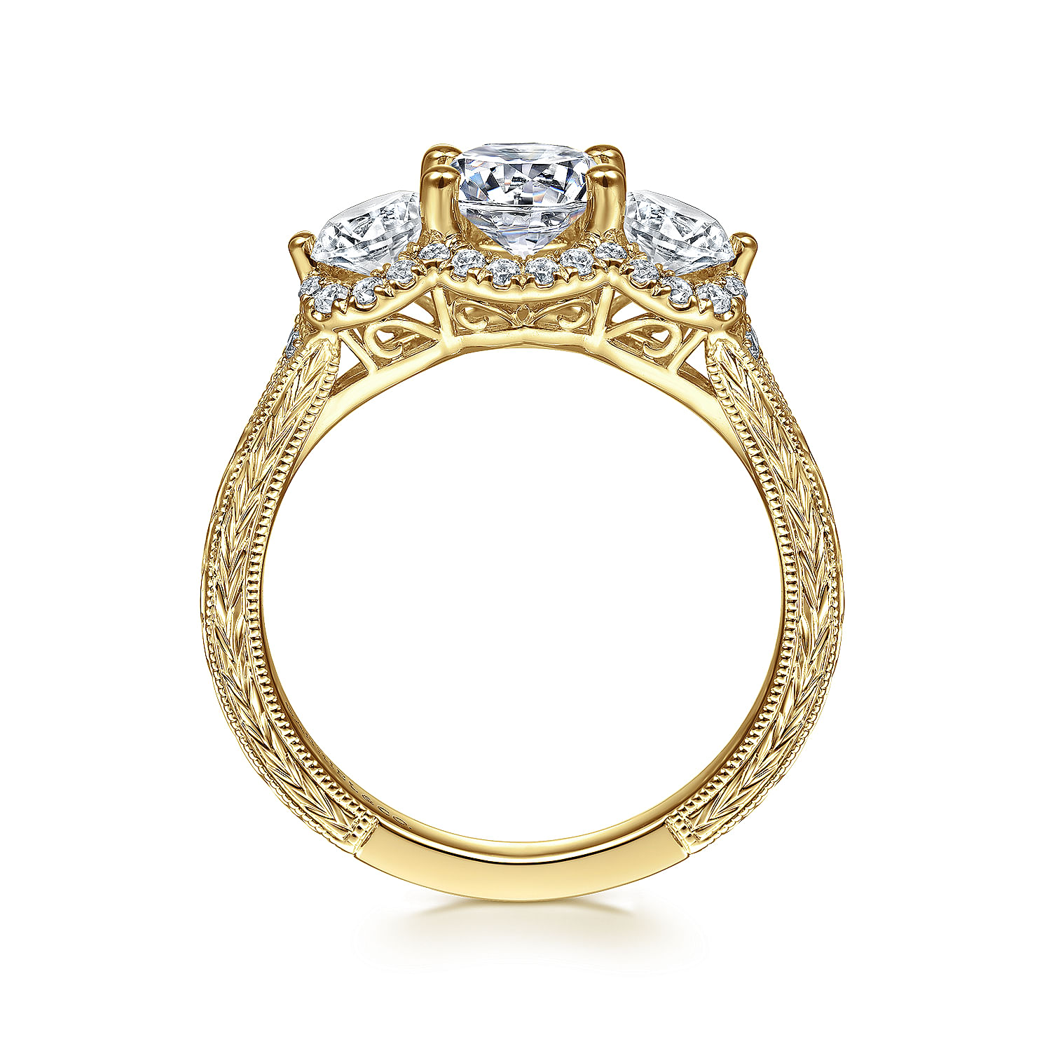 Vintage Inspired 14K Yellow Gold Round Three Stone Halo Diamond Engagement Ring