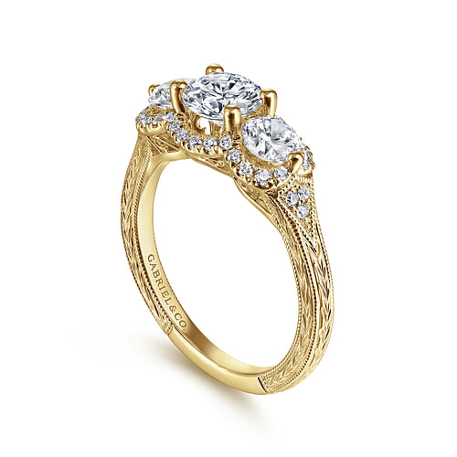 Vintage Inspired 14K Yellow Gold Round Three Stone Halo Diamond Engagement Ring