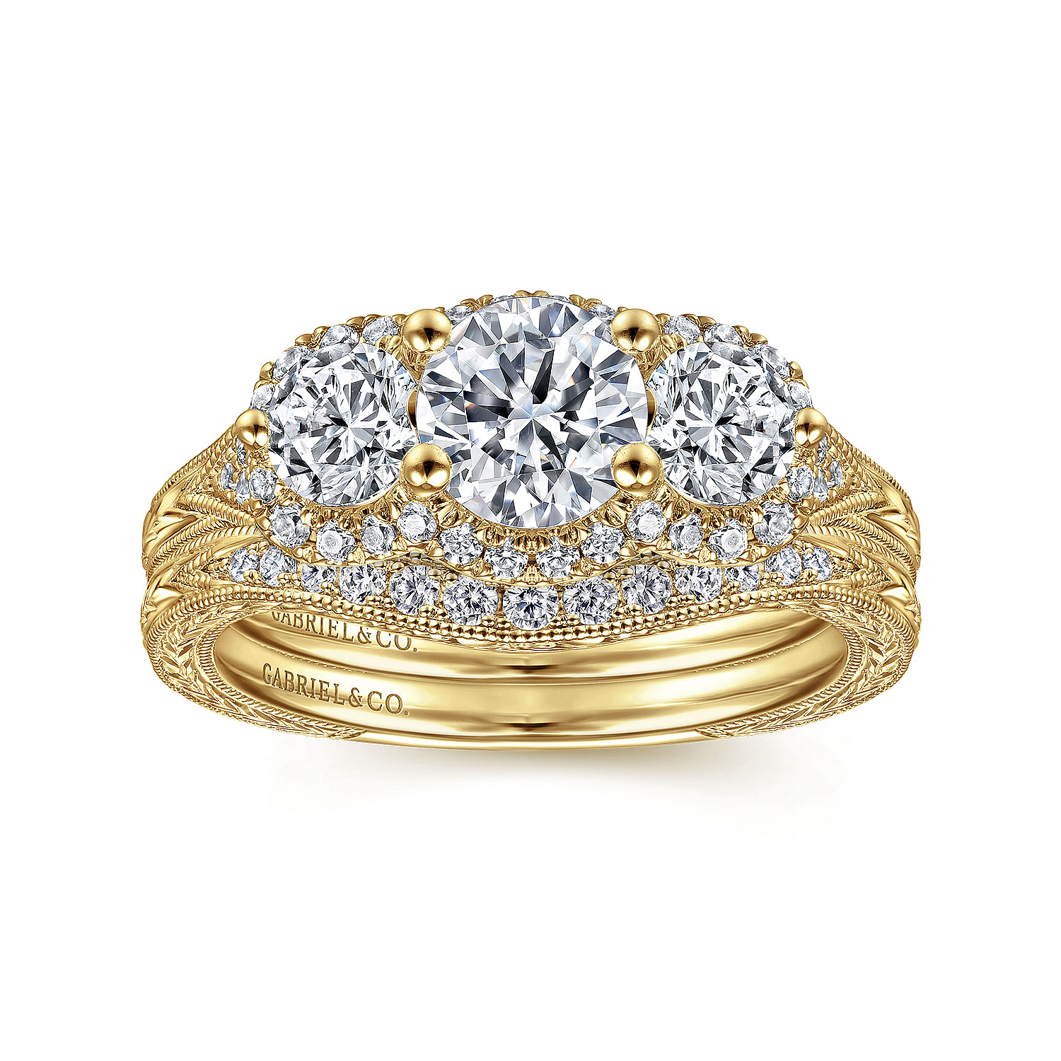 Vintage Inspired 14K Yellow Gold Round Three Stone Halo Diamond Engagement Ring