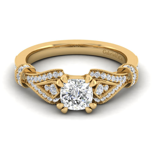 Vintage Inspired 14K Yellow Gold Split Shank Cushion Cut Diamond Engagement Ring