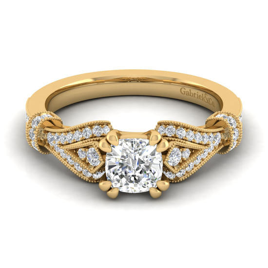Gabriel - Vintage Inspired 14K Yellow Gold Split Shank Cushion Cut Diamond Engagement Ring