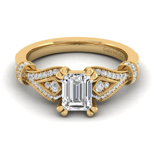 Vintage Inspired 14K Yellow Gold Split Shank Emerald Cut Diamond Engagement Ring