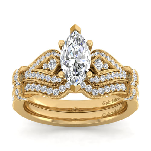 Vintage Inspired 14K Yellow Gold Split Shank Marquise Shape Diamond Engagement Ring
