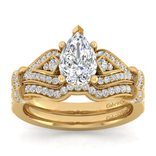 Vintage Inspired 14K Yellow Gold Split Shank Pear Shape Diamond Engagement Ring