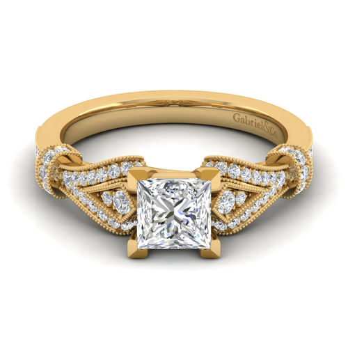 Vintage Inspired 14K Yellow Gold Split Shank Princess Cut Diamond Engagement Ring