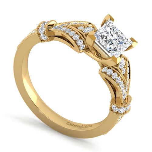 Vintage Inspired 14K Yellow Gold Split Shank Princess Cut Diamond Engagement Ring