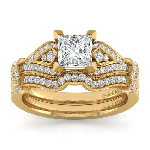 Vintage Inspired 14K Yellow Gold Split Shank Princess Cut Diamond Engagement Ring
