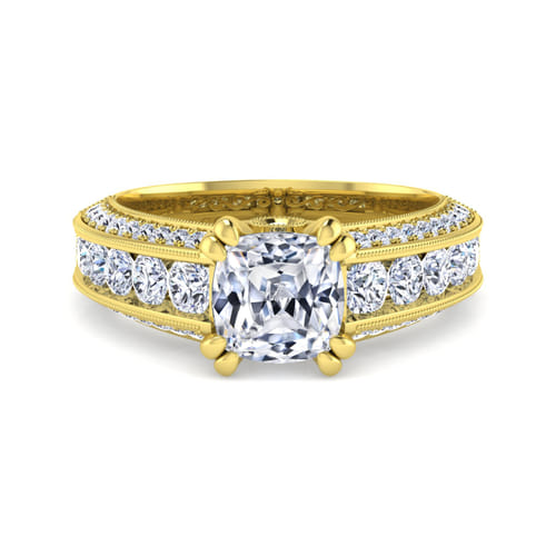 Vintage Inspired 14K Yellow Gold Wide Band Cushion Cut Diamond Channel Set Engagement Ring