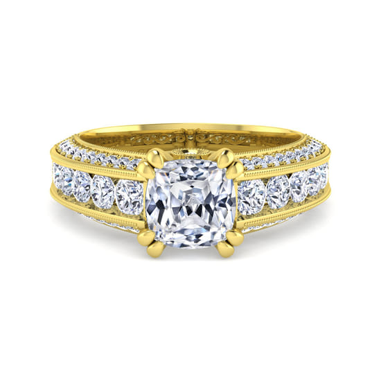 Gabriel - Vintage Inspired 14K Yellow Gold Wide Band Cushion Cut Diamond Channel Set Engagement Ring