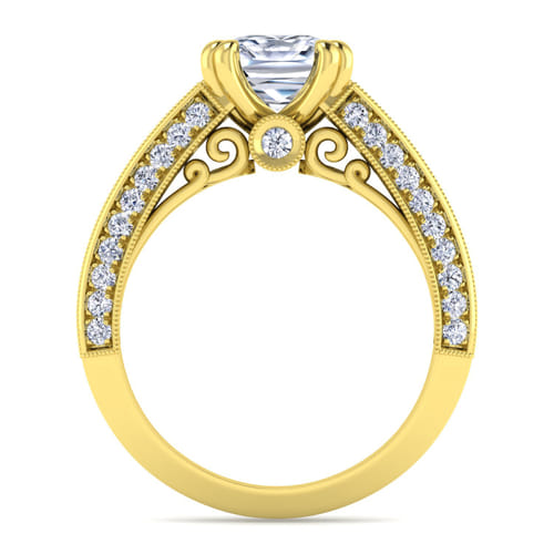 Vintage Inspired 14K Yellow Gold Wide Band Cushion Cut Diamond Channel Set Engagement Ring