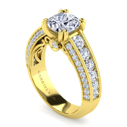 Vintage Inspired 14K Yellow Gold Wide Band Cushion Cut Diamond Channel Set Engagement Ring