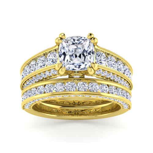 Vintage Inspired 14K Yellow Gold Wide Band Cushion Cut Diamond Channel Set Engagement Ring