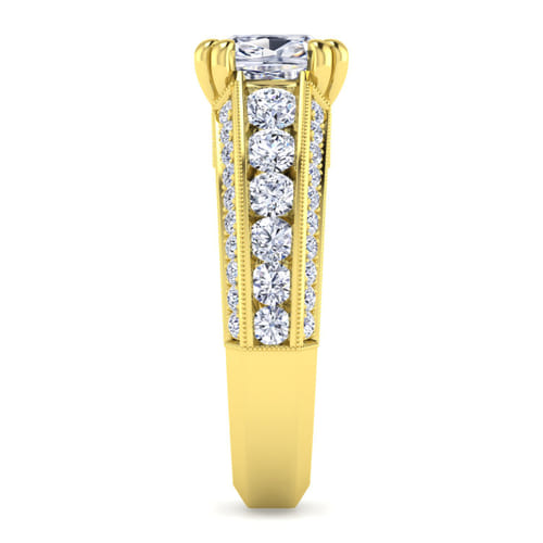 Vintage Inspired 14K Yellow Gold Wide Band Cushion Cut Diamond Channel Set Engagement Ring