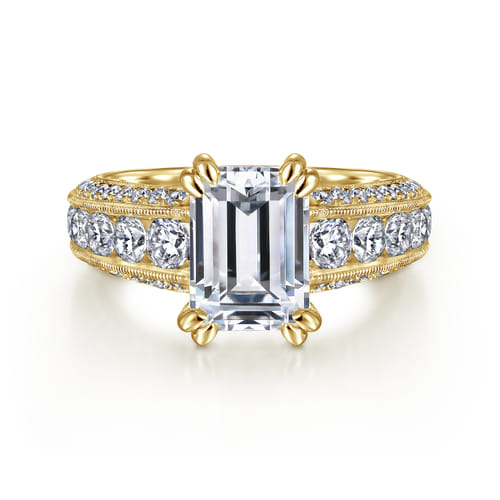 Vintage Inspired 14K Yellow Gold Wide Band Emerald Cut Diamond Channel Set Engagement Ring