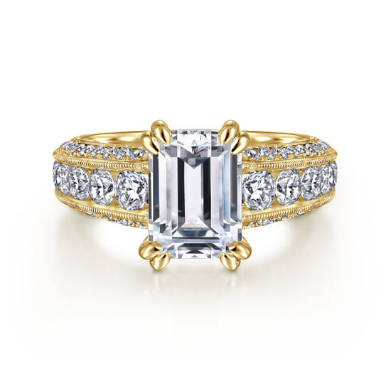 Gabriel - Vintage Inspired 14K Yellow Gold Wide Band Emerald Cut Diamond Channel Set Engagement Ring