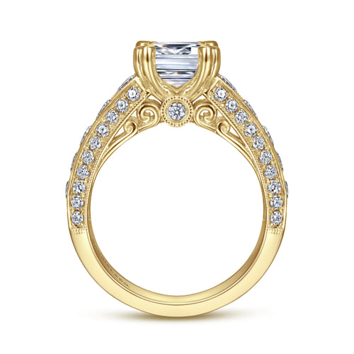Vintage Inspired 14K Yellow Gold Wide Band Emerald Cut Diamond Channel Set Engagement Ring
