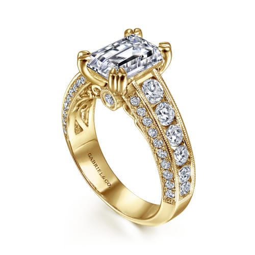 Vintage Inspired 14K Yellow Gold Wide Band Emerald Cut Diamond Channel Set Engagement Ring