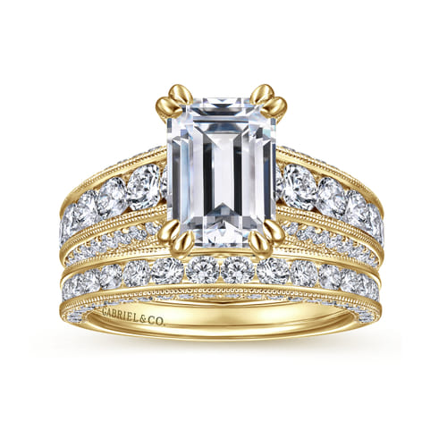 Vintage Inspired 14K Yellow Gold Wide Band Emerald Cut Diamond Channel Set Engagement Ring