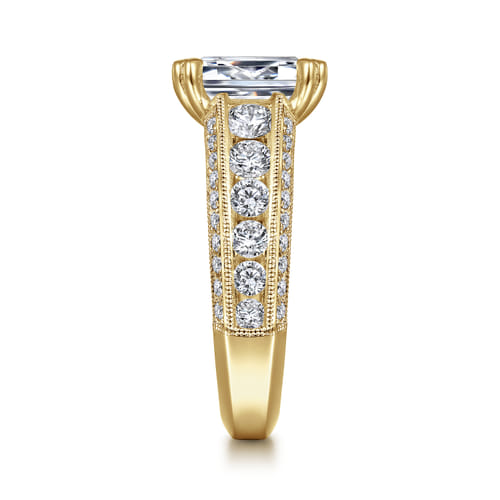 Vintage Inspired 14K Yellow Gold Wide Band Emerald Cut Diamond Channel Set Engagement Ring