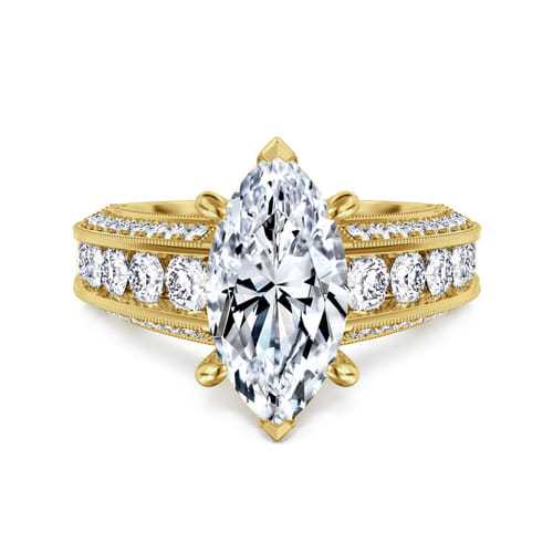 Vintage Inspired 14K Yellow Gold Wide Band Marquise Shape Diamond Channel Set Engagement Ring