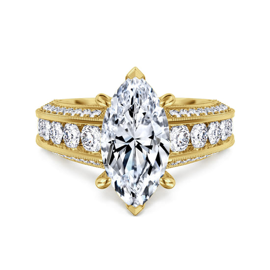 Gabriel - Vintage Inspired 14K Yellow Gold Wide Band Marquise Shape Diamond Channel Set Engagement Ring
