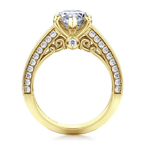 Vintage Inspired 14K Yellow Gold Wide Band Marquise Shape Diamond Channel Set Engagement Ring