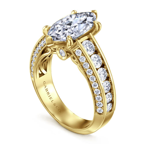 Vintage Inspired 14K Yellow Gold Wide Band Marquise Shape Diamond Channel Set Engagement Ring