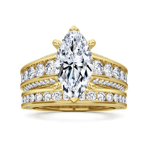 Vintage Inspired 14K Yellow Gold Wide Band Marquise Shape Diamond Channel Set Engagement Ring