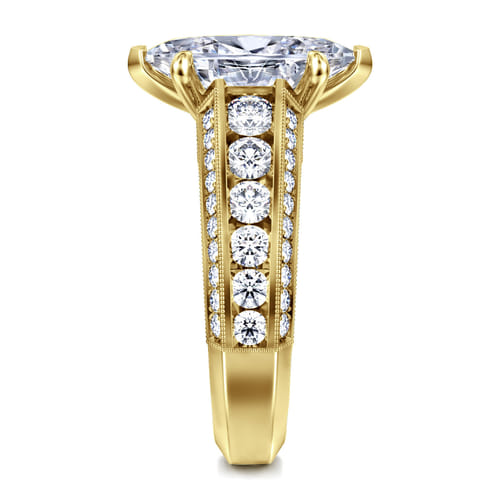 Vintage Inspired 14K Yellow Gold Wide Band Marquise Shape Diamond Channel Set Engagement Ring
