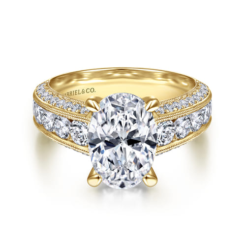 Vintage Inspired 14K Yellow Gold Wide Band Oval Diamond Channel Set Engagement Ring
