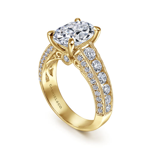 Vintage Inspired 14K Yellow Gold Wide Band Oval Diamond Channel Set Engagement Ring