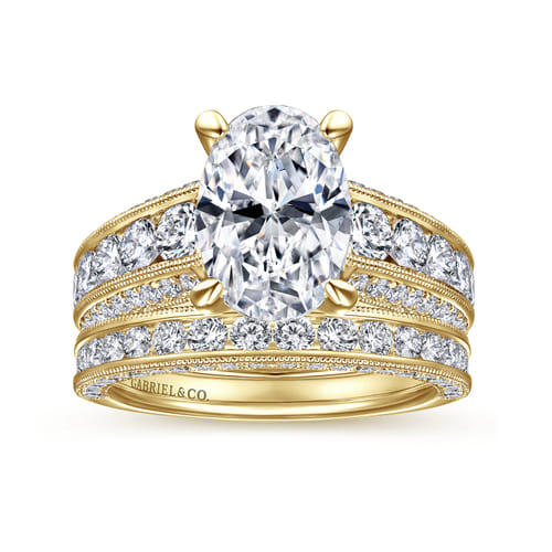 Vintage Inspired 14K Yellow Gold Wide Band Oval Diamond Channel Set Engagement Ring