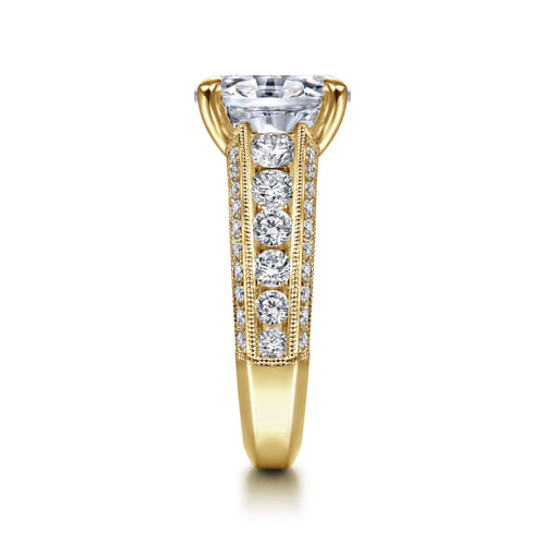 Vintage Inspired 14K Yellow Gold Wide Band Oval Diamond Channel Set Engagement Ring