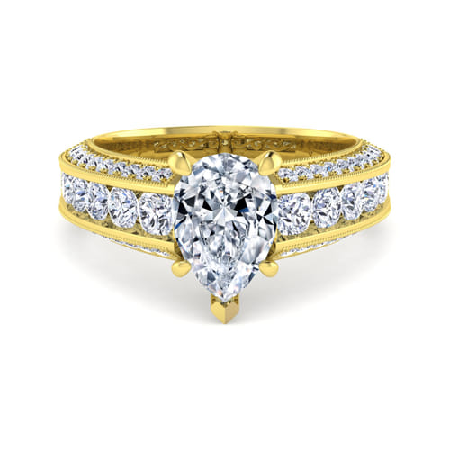 Vintage Inspired 14K Yellow Gold Wide Band Pear Shape Diamond Channel Set Engagement Ring