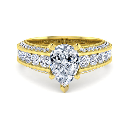 Gabriel - Vintage Inspired 14K Yellow Gold Wide Band Pear Shape Diamond Channel Set Engagement Ring