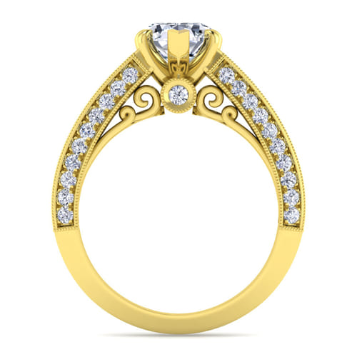 Vintage Inspired 14K Yellow Gold Wide Band Pear Shape Diamond Channel Set Engagement Ring