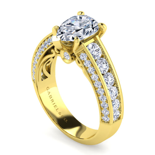 Vintage Inspired 14K Yellow Gold Wide Band Pear Shape Diamond Channel Set Engagement Ring