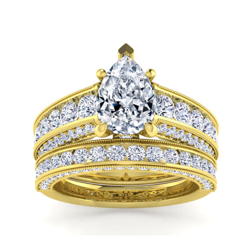 Vintage Inspired 14K Yellow Gold Wide Band Pear Shape Diamond Channel Set Engagement Ring